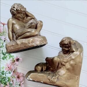 Vintage Chippy S. Morani Armor Bronze Painted Cherub Plaster Bookend PAIR